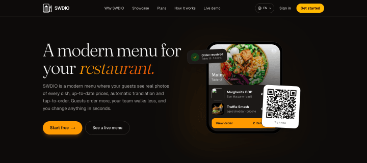 The SWDIO site: a phone showing a restaurant menu with dish photos, an order summary and a QR code.