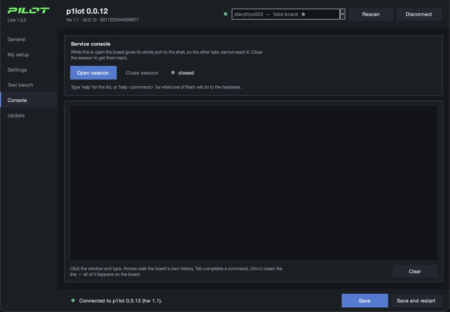 The Console page: an Open session button with the session showing as closed, a note that `help` lists the commands, and an empty terminal waiting underneath.