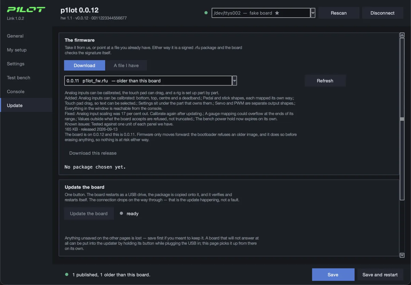 The Update page: a list of published firmware with the notes for the chosen one, a button to download it, and below that the button that puts the board into its updater.